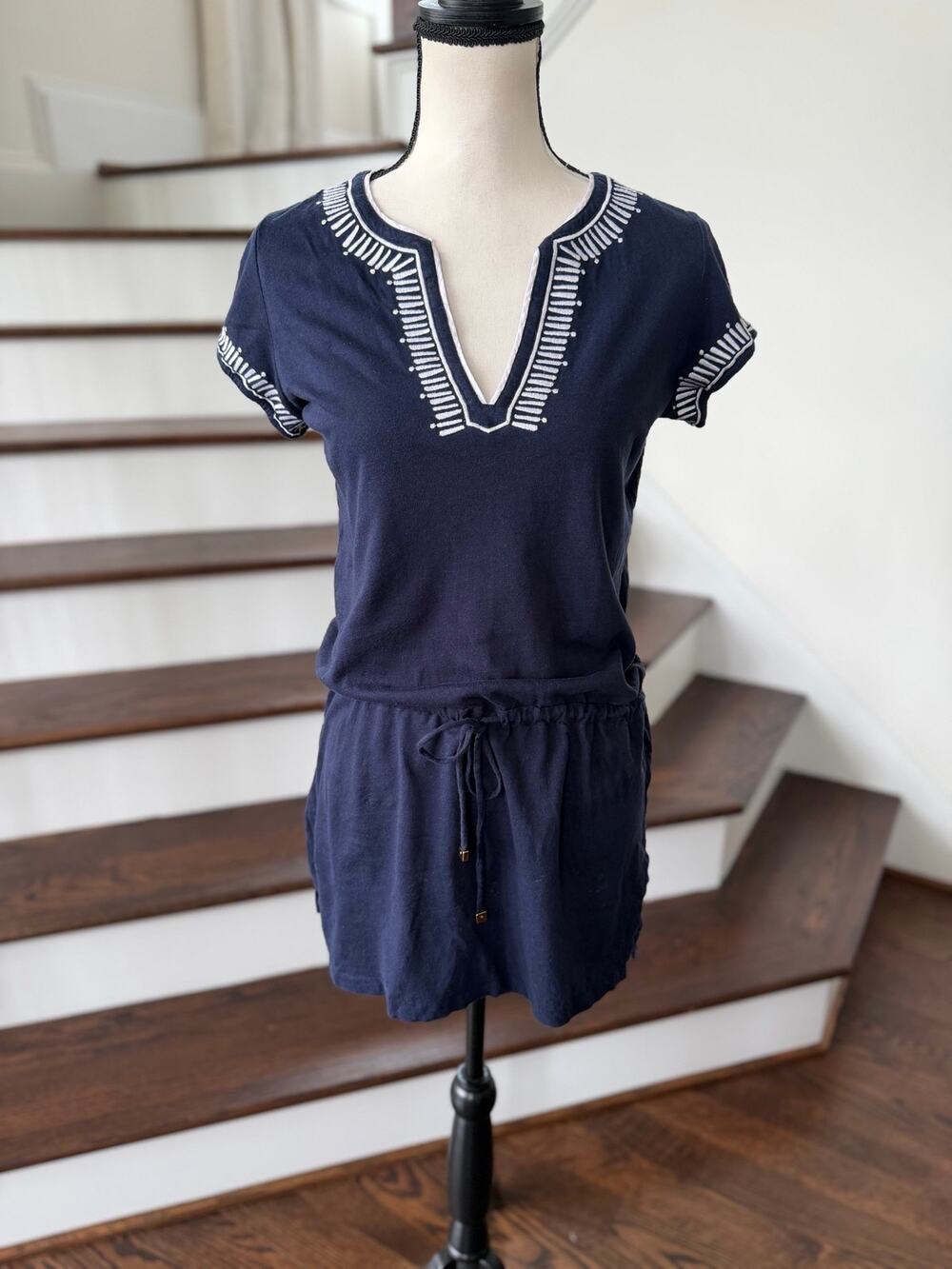Tory Burch Navy & White Embroidered Blouson Short Sleeve Shift Dress